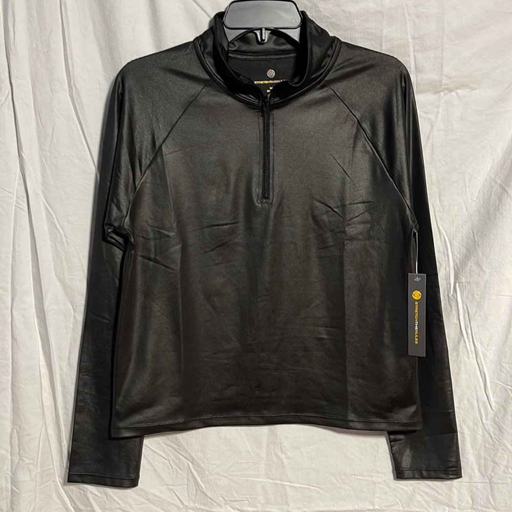 Stretch The Rules Quarter Zip Pullover Shirt M Faux Leather Spandex Black Shiny